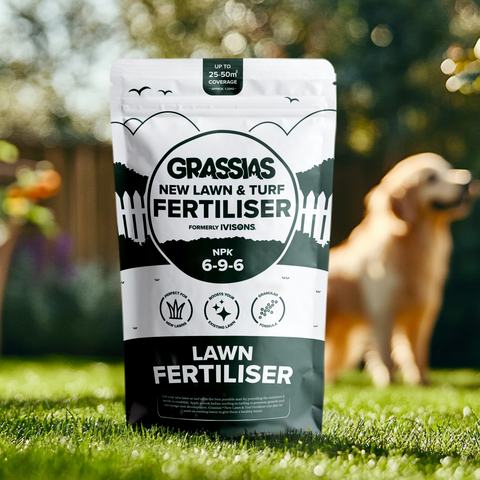 Grassias lawn fertiliser packet on grass with a dog in the background
