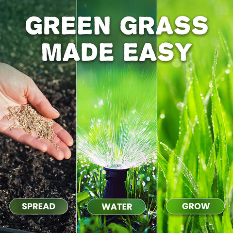 Grassias promotional image titled 'Green Grass Made Easy' showing three steps in a triptych layout: Spread (a hand scattering grass seeds over dark soil), Water (a sprinkler head spraying water over grass), and Grow (a close-up of lush, dewy green grass blades).