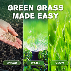 Grassias promotional image titled 'Green Grass Made Easy' showing three steps in a triptych layout: Spread (a hand scattering grass seeds over dark soil), Water (a sprinkler head spraying water over grass), and Grow (a close-up of lush, dewy green grass blades).