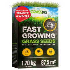 Grassias Fast Growing Grass Seeds box (1.70 kg) featuring a vibrant green lawn background, with claims of germination in 10–15 days and coverage of 87.5 m². The packaging highlights three simple steps — Spread, Water, Grow — and notes suitability for summer and winter use, with a built-in seed applicator. New lawn coverage listed as 50 m².