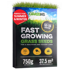 Grassias Fast Growing Grass Seeds box (750 g) with a dark green and blue design featuring a vibrant lawn and sky background. The packaging highlights germination in 10–15 days and suitability for summer and winter use. Three simple steps — Spread, Water, Grow — are shown as yellow icons. Coverage is listed as 37.5 m², with new lawn coverage of 21 m². The box includes a built-in seed applicator.