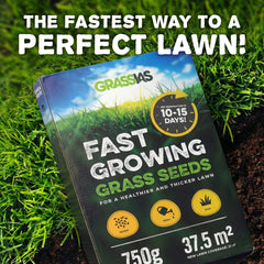 Grassias Fast Growing Grass Seeds 750g box resting on green grass and dark soil. The dark-themed box features a 'Fast Germination in 10–15 Days' clock badge and reads 'Fast Growing Grass Seeds — For a Healthier and Thicker Lawn' with three yellow icons for Spread, Water, and Grow. Coverage listed as 37.5m² for overseeding and 21m² for new lawns. Text overlay reads 'The Fastest Way to a Perfect Lawn!