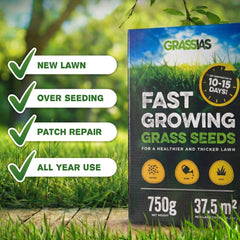 Grassias Fast Growing Grass Seeds 750g box displayed on a wooden surface against a soft-focus green garden background with sunlight filtering through leaves. Four green tick-mark badges on the left highlight key uses: New Lawn, Over Seeding, Patch Repair, and All Year Use. The box features a yellow '10–15 Days' germination badge and shows 750g net weight and 37.5m² coverage.