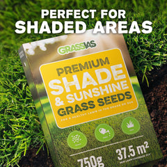 Grassias Premium Shade & Sunshine Grass Seeds 750g box resting on green grass and dark soil. The box features a yellow label reading 'Premium Shade & Sunshine Grass Seeds — For a Healthy Lawn in the Shade or Sun' with three green icons for Spread, Water, and Grow. Coverage listed as 37.5m² for overseeding and 21m² for new lawns. Text overlay reads 'Perfect for Shaded Areas.
