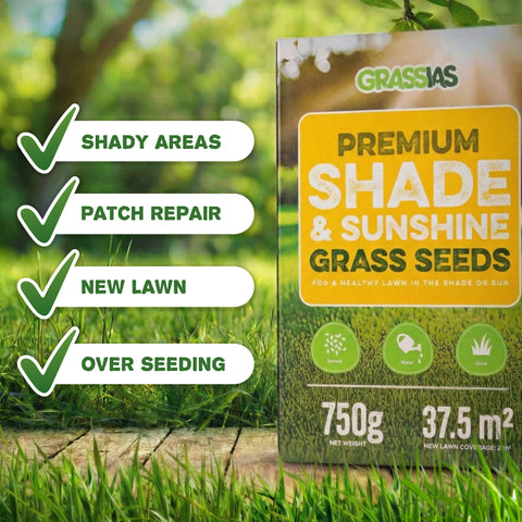 Grassias Premium Shade & Sunshine Grass Seeds 750g box displayed on a wooden surface against a soft-focus green garden background with dappled sunlight through trees. Four green tick-mark badges on the left highlight key uses: Shady Areas, Patch Repair, New Lawn, and Over Seeding. The box shows 750g net weight and 37.5m² coverage.