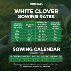 Grassias White Clover sowing rates infographic with a green-toned background showing hands tending to clover. A table lists sowing quantities: 100g covers 10m² for new lawns (at 10g per m²), scaling up to 1kg for 100m². Overseeding rates are 2–5g per m², covering 20–500m² depending on quantity. A grass seed mixing column shows 2kg to 20kg needed at 5% ratio. Below, a sowing calendar marks March through September as suitable months with green circles, and October through February as unsuitable with red Xs. 