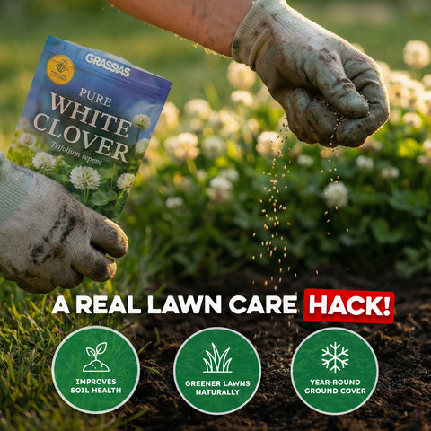 Grassias promotional image showing gloved hands sowing white clover seeds onto bare soil from a Grassias Pure White Clover pouch, with established white clover flowers visible in the background. Bold text reads "A Real Lawn Care Hack!" and three green icons highlight key benefits: Improves Soil Health, Greener Lawns Naturally, and Year-Round Ground Cover.
